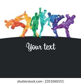 Freestyle wrestling, boxing, kickboxing, muay thai, karate, taekwondo, mixed martial arts vector colorful people silhouettes. Wrestlers, boxers, karatekas.