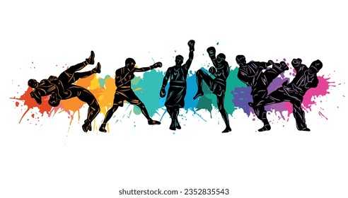 Freestyle-Ringen, Boxen, Kickboxen, Muay Thai, Karate, Taekwondo, gemischte Kampfkünste Vektorgrafik Menschen Silhouetten. Wrestler, Boxer, Karatekas.