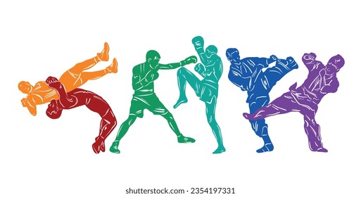 Freestyle-Ringen, Boxen, Kickboxen, Muay Thai, Karate, Taekwondo, gemischte Kampfkünste Vektorgrafik Menschen Silhouetten. Wrestler, Boxer, Karatekas.