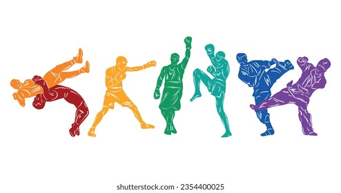 Freestyle wrestling, boxing, kickboxing, muay thai, karate, taekwondo, mixed martial arts vector colorful people silhouettes. Wrestlers, boxers, karatekas.