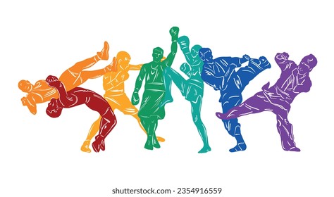 Freestyle wrestling, boxing, kickboxing, muay thai, karate, taekwondo, mixed martial arts vector colorful people silhouettes. Wrestlers, boxers, karatekas.