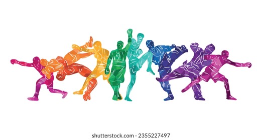 Freestyle-Ringen, Boxen, Kickboxen, Muay Thai, Karate, Taekwondo, gemischte Kampfkünste Vektorgrafik Menschen Silhouetten. Wrestler, Boxer, Karatekas.