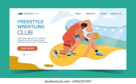 Freestyle wrestling club landing page design, vector illustration of two athletes fighting in competition for live sports tournament concept.