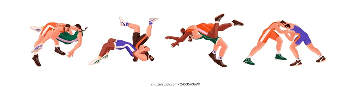 Freestyle wrestling competition set. Greco roman wrestlers. Fighters raise, throw in battle. Martial art sportsmen, combat sport athletes. Flat isolated vector illustrations on white background