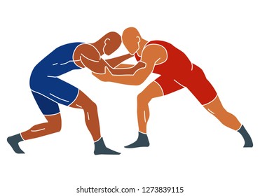 Freestyle wrestling. Fight blue and red athlete. Vector shape graphics