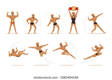 Freestyle Wrestling Fighter In Black Underwear Fighting Set Of Illustrations With Wrestler Sportsman.