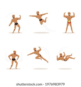 Freestyle Wrestling Fighter In Black Underwear Engaged in Violent Fight Vector Set
