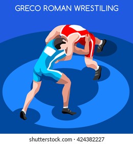 Freestyle Wrestling Greco Roman Athletes Sportsman Games Icon Set. 3D Isometric Athlete. Sporting Championship People. Sport Infographic Freestyle us election events Vector Image