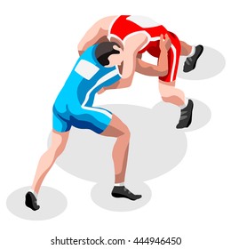 Freestyle Wrestling Greco Roman Athletes Sportsman Games Icon Set. 3D Isometric Athlete. Sport Championship People. Sport Infographic Freestyle events Vector collection Isometric Image illustration