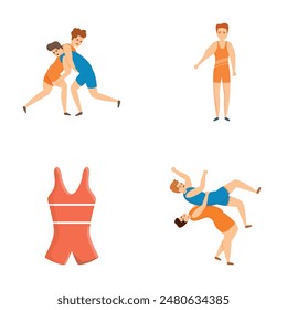 Freestyle wrestling icons set cartoon vector. Male wrestler during competition. Greco roman wrestling