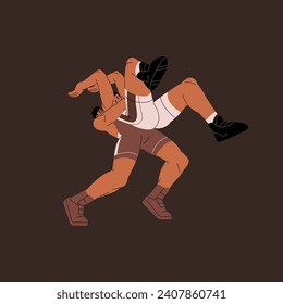 Freestyle wrestling sportsman lifting opponent, training sport techniques on competitor. Professional fighters go greco roman fight. Martial art competition, battle. Flat isolated vector illustration