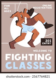 Freestyle wrestling training event poster design. Advertising of martial art school, lessons. Wrestlers are fight. Promotion of greco roman fighters competition, championship. Flat vector illustration