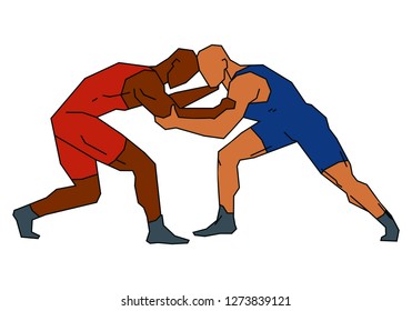 Freestyle wrestling. Two athletes are fighting. Vector shape graphics