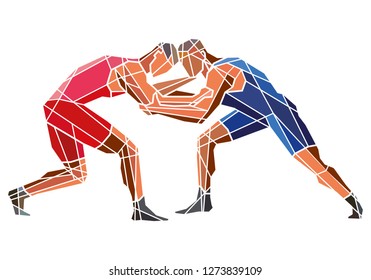 Freestyle wrestling. Two stylized geometric athletes are fighting. Vector shape graphics