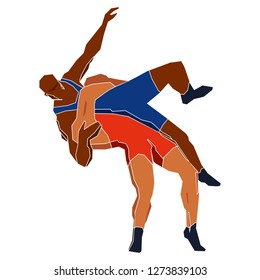 Freestyle wrestling. Vector figures of athletes. Vector shape graphics