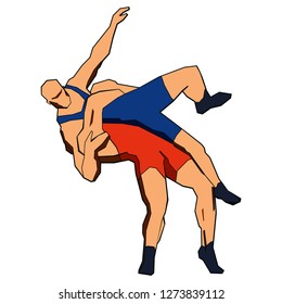 Freestyle wrestling. Vector figures of athletes in red and blue uniforms. Vector shape graphics