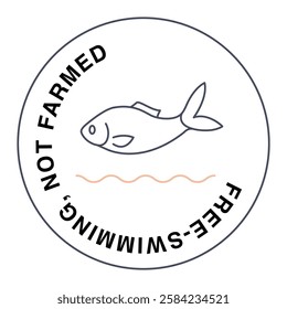 Free-Swimming, Not Farmed Fish Icon. Wild fish, not farmed, free-swimming seafood, ethical fish harvesting, wild-caught.