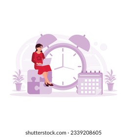 Free-time vector illustration. Businesswoman is relaxing on a puzzle. Time to take a break. Trend Modern vector flat illustration