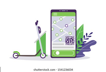 A free-to-use electric lime scooter stands at a stop. On the phone screen a mobile application for renting sharing urban eco transport with map and QR code. Vector illustration on a white background