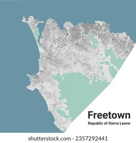 Freetown map, capital city of Sierra Leone. Municipal administrative area map with rivers and roads, parks and railways. Vector illustration.