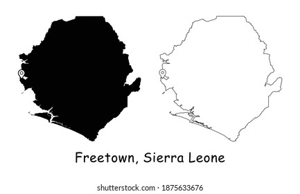Freetown, Sierra Leone. Detailed Country Map with Location Pin on Capital City. Black silhouette and outline maps isolated on white background. EPS Vector