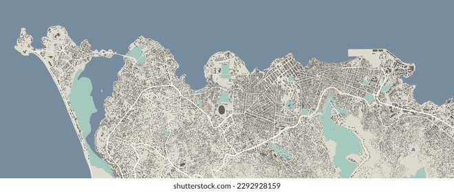 Freetown, Sierra Leone, vector map. Detailed map of Freetown city administrative area. Cityscape panorama. Royalty free vector illustration. Outline map with buildings, water, forest.