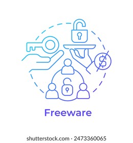 Icono de concepto de degradado azul de Freeware. Servicio al cliente, seguimiento de uso. Obtención de licencias de software. Ilustración de línea de forma redonda. Abstractas idea. Diseño gráfico. Fácil de usar en infografía, presentación