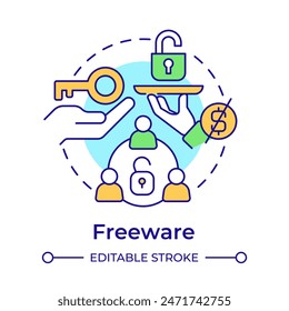 Freeware multi color concept icon. Customer service, usage tracking. Software licensing. Round shape line illustration. Abstract idea. Graphic design. Easy to use in infographic, presentation