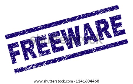 FREEWARE seal print with scratced style. Blue vector rubber print of FREEWARE title with scratched texture. Text title is placed between parallel lines.