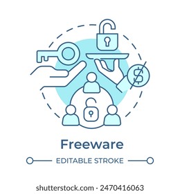 Icono de concepto de software libre azul. Servicio al cliente, seguimiento de uso. Obtención de licencias de software. Ilustración de línea de forma redonda. Abstractas idea. Diseño gráfico. Fácil de usar en infografía, presentación