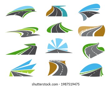 Freeway, highway road icons with roadsides and guardrails. Winding driveway, winding motorway or coastal speed road. Road trip, transportation and logistics industry emblems