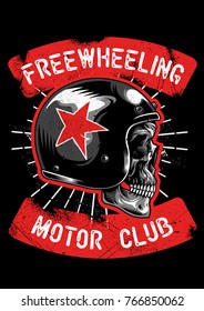 freewheeling motor club, skull wearing vintage helmet stock vector illustration