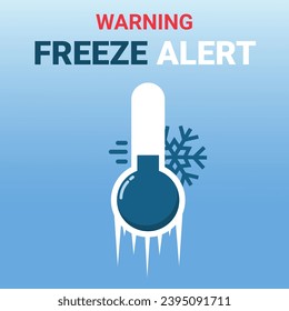 Freeze alert warning for low temperatures. Frozen thermometer with snowflake and gradient background. Vector illustration.