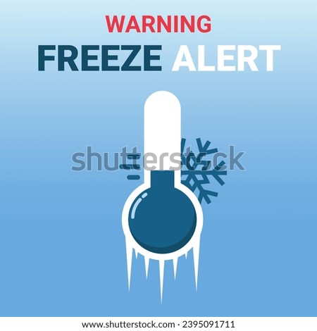 Freeze alert warning for low temperatures. Frozen thermometer with snowflake and gradient background. Vector illustration.