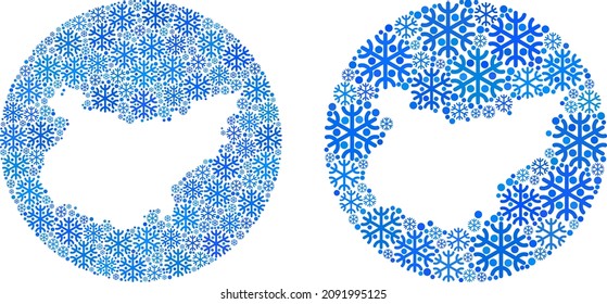 Freeze Badajoz Province map collage is designed with sphere and subtracted space. Vector Badajoz Province map mosaic of snowflake ojects in variable sizes and blue color tinges.