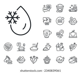 Freeze cold temperature sign. Crepe, sweet popcorn and salad outline icons. Freezing water line icon. Fridge function symbol. Freezing water line sign. Pasta spaghetti, fresh juice icon. Vector
