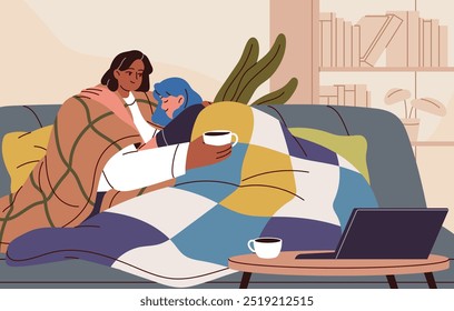 Congelar a la pareja se calienta bajo la manta juntos. Las lesbianas se acurrucan en el sofá, beben café caliente, té, ven películas. Las mujeres jóvenes se relajan en el sofá en casa en la estación fría, invierno. Ilustración vectorial plana