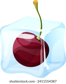 Congelar la cereza de cubo aislada en blanco. Reflexión de la baya roja en el hielo derretido, frescura en el closet. Concepto de comida de verano, ilustración vectorial de preservación de frutas.