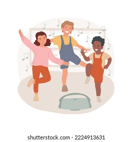 Freeze dance isolated cartoon vector illustration. Child balance on one leg, freeze when music stop, classroom game, singing song, education, teaching music in elementary school vector cartoon.