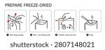 Freeze dried food prepare instruction icon set for instant meals, backpacking meals and etc. The outline vector icons are well scalable and editable for packaging label design. Great for infographic for different backgrounds. EPS10.