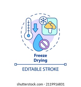 Freeze drying concept icon. Low temperature dehydration. Food technology abstract idea thin line illustration. Isolated outline drawing. Editable stroke. Arial, Myriad Pro-Bold fonts used