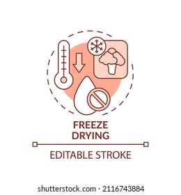 Freeze drying red concept icon. Low temperature dehydration. Food technology abstract idea thin line illustration. Isolated outline drawing. Editable stroke. Arial, Myriad Pro-Bold fonts used