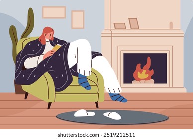 Freeze girl sits in armchair, warms up at fireside in winter frost. Young woman under blanket relaxes, reads book near fireplace. Person stays at home at cold weather. Flat vector illustration