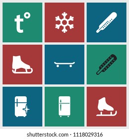Freeze icon. collection of 9 freeze filled icons such as thermometer, clean fridge, ice skate, snowflake, temperature. editable freeze icons for web and mobile.