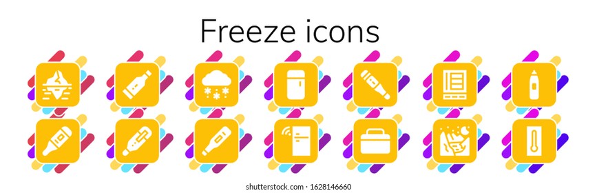 freeze icon set. 14 filled freeze icons.  Simple modern icons such as: Iceberg, Thermometer, Snow, Fridge, Refrigerator, Glacier