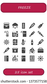 freeze icon set. 25 filled freeze icons.  Collection Of - Portable fridge, Snow, Thermometer, Glacier, Fridge, Snowflake, Temperature, Iceberg, Refrigerator, Igloo