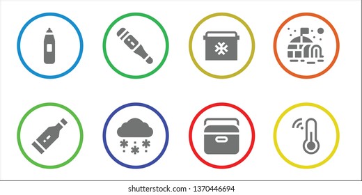 freeze icon set. 8 filled freeze icons.  Collection Of - Thermometer, Snow, Fridge, Portable fridge, Igloo
