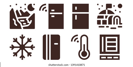 freeze icon set. 8 filled freeze icons.  Collection Of - Snowflake, Glacier, Refrigerator, Fridge, Thermometer, Igloo