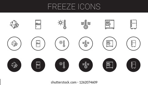 freeze icons set. Collection of freeze with iceberg, fridge, thermometer. Editable and scalable freeze icons.