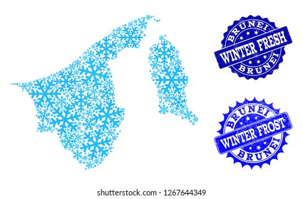 Freeze map of Brunei and rubber stamp seals in blue colors with Winter Fresh and Winter Frost titles. Mosaic map of Brunei is formed with ice elements.